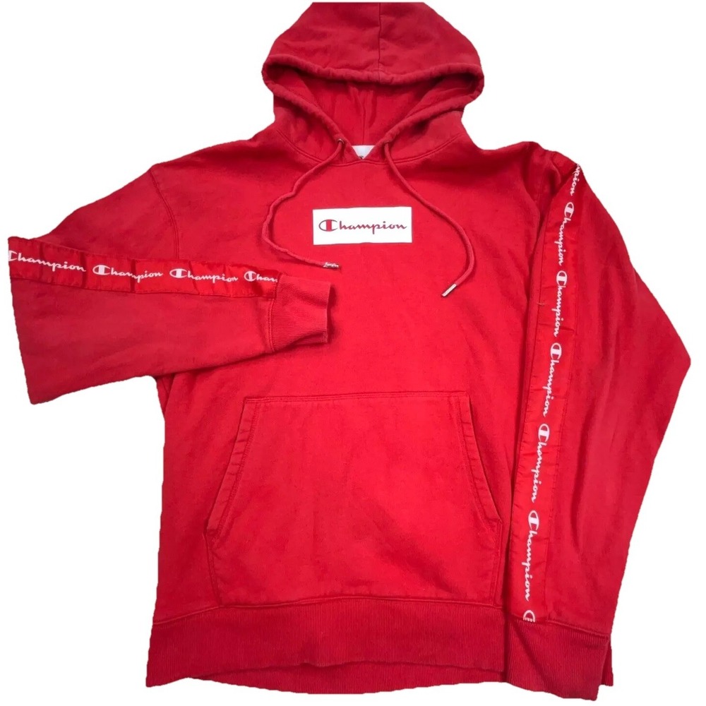 Champion Hoodie Men Medium Red White Sweatshirt Sweater Spell Out Retro Classic*